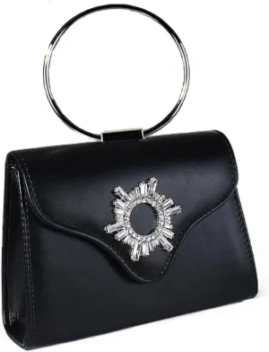 1 piece of silver PU handbag with crystal decoration, evening bag with round metal ring handle, has inner pocket - suitable for shopping at banquets and parties (black)