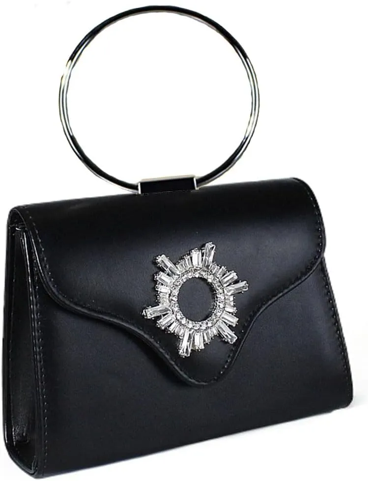 1 piece of silver PU handbag with crystal decoration, evening bag with round metal ring handle, has inner pocket - suitable for shopping at banquets and parties (black)