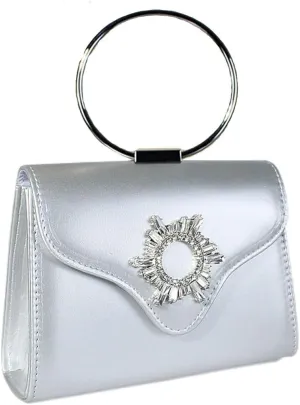 1 piece of silver PU handbag with crystal decoration, evening bag with round metal ring handle, has inner pocket - suitable for shopping at banquets and parties (silver)
