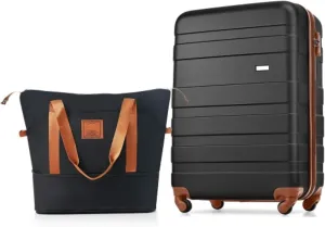 2-piece Luggage Set, 20" Carry-on and Expandable Travel Bag, Suitcase, ABS Hard Shell, 360-degree Spinner Wheels, Telescopic Handle, Black and Brown
