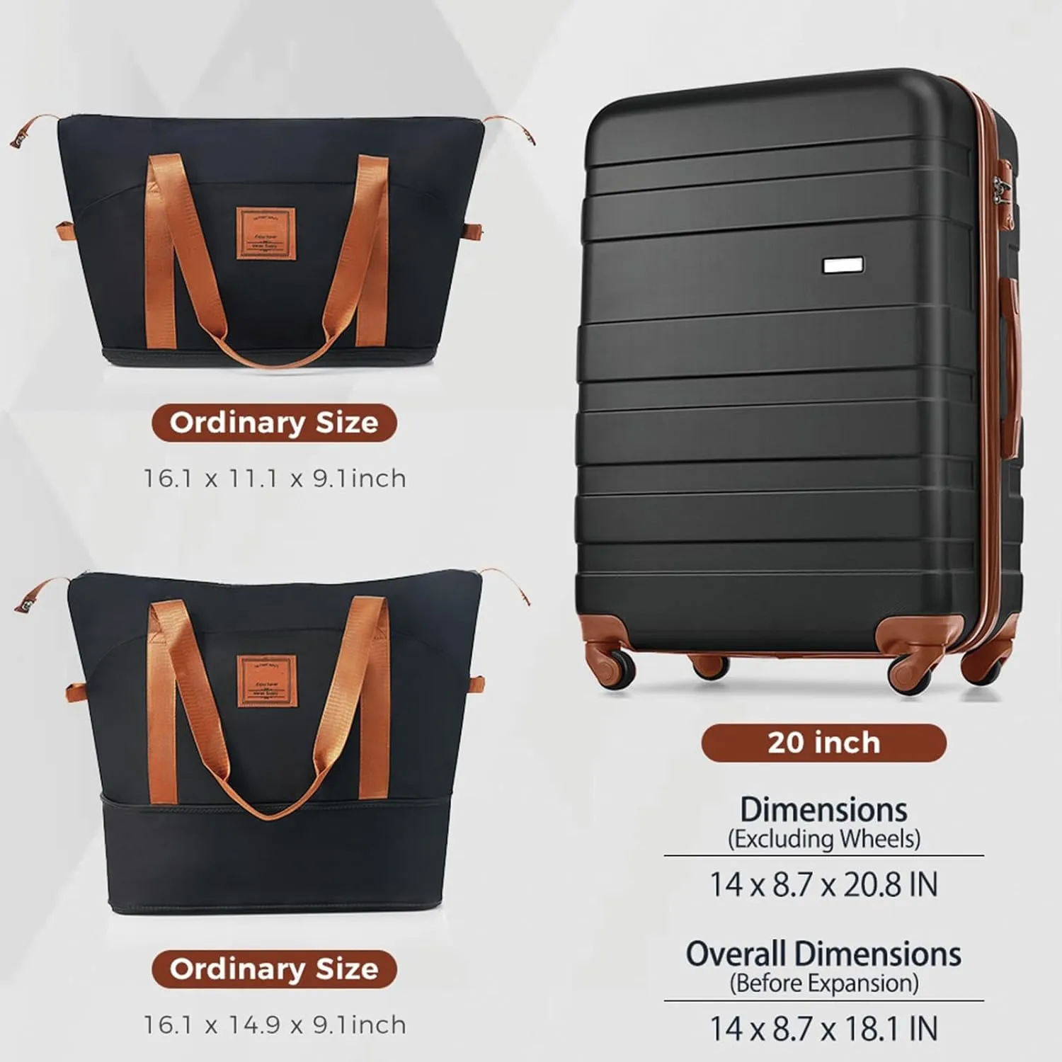 20-Inch Carry-On Luggage with Expandable Travel Bag Set, ABS Hard Shell Two-piece suitcase set