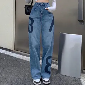2024 New Summer Lettered Denim Pants for Women – Stylish Loose-Fit High-Waisted Straight-Leg Wide-Leg Jeans, Slimming Long Pants