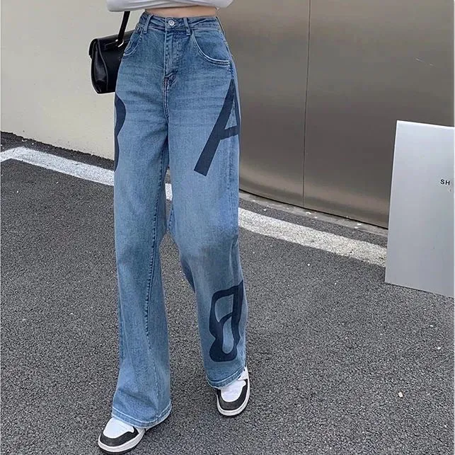 2024 New Summer Lettered Denim Pants for Women – Stylish Loose-Fit High-Waisted Straight-Leg Wide-Leg Jeans, Slimming Long Pants