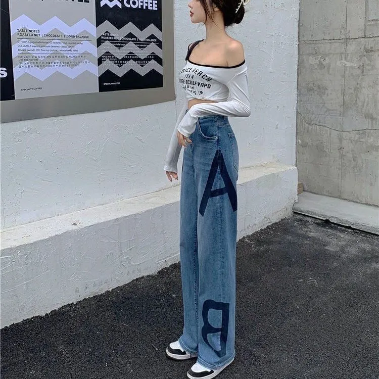 2024 New Summer Lettered Denim Pants for Women – Stylish Loose-Fit High-Waisted Straight-Leg Wide-Leg Jeans, Slimming Long Pants