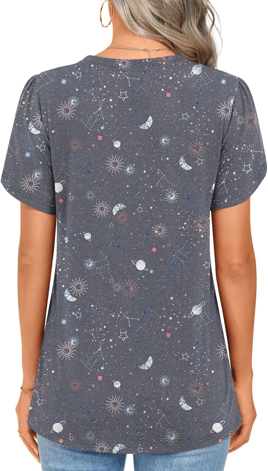 2025 Womens Tops Summer Casual Tunic Short Sleeve Dressy Blouses Trendy Flowy Tshirts M-3XL