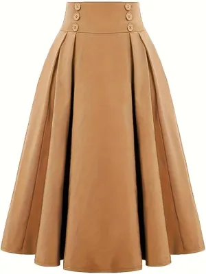 2025 Women's Vintage High Waist Pleated Midi A - Line Summer Casual Skirt