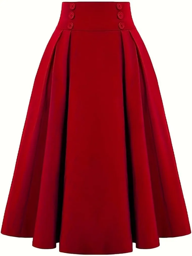 2025 Women's Vintage High Waist Pleated Midi A - Line Summer Casual Skirt