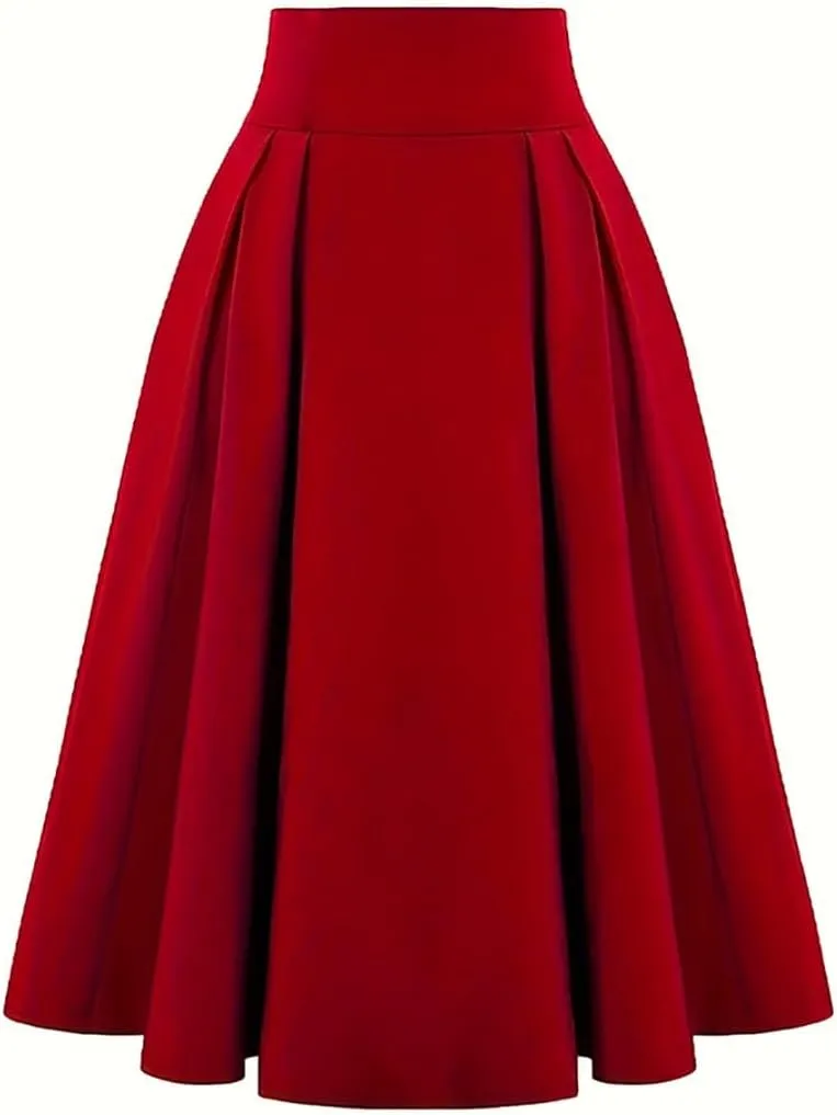 2025 Women's Vintage High Waist Pleated Midi A - Line Summer Casual Skirt
