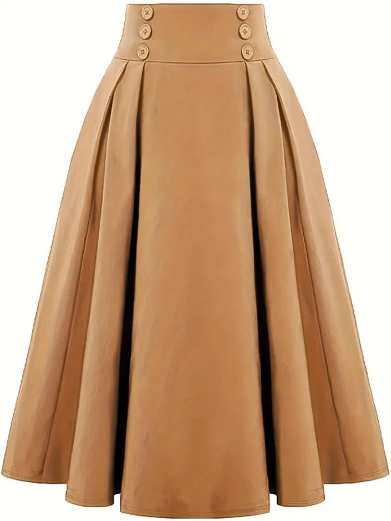 2025 Women's Vintage High Waist Pleated Midi A - Line Summer Casual Skirt