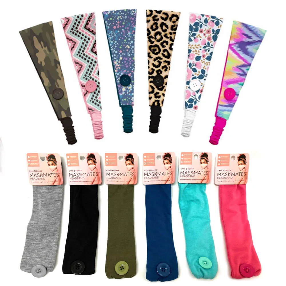 2Pc Elastic Headbands with Buttons Fashion Mask Holder Hair Band Assorted Colors