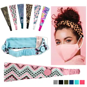 2Pc Elastic Headbands with Buttons Fashion Mask Holder Hair Band Assorted Colors