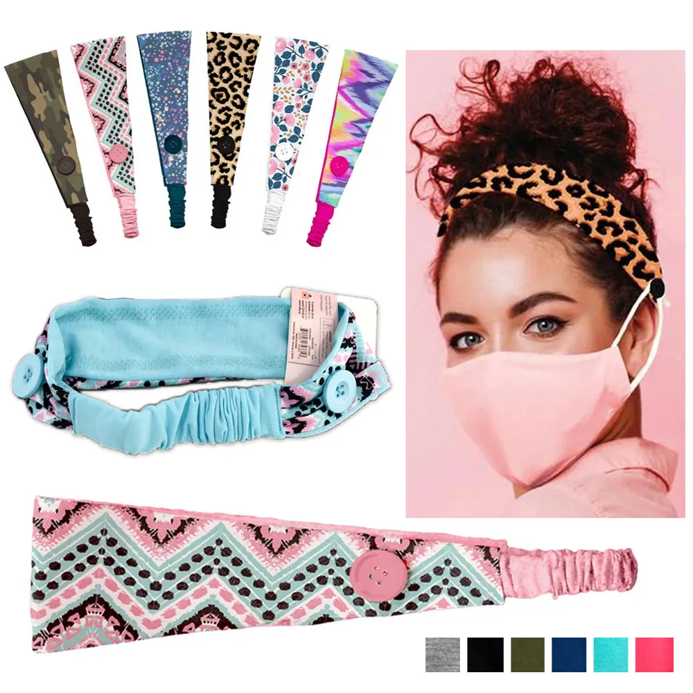 2Pc Elastic Headbands with Buttons Fashion Mask Holder Hair Band Assorted Colors