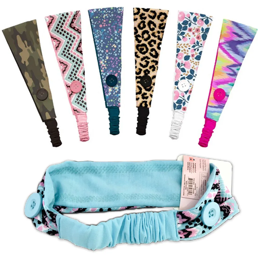 2Pc Elastic Headbands with Buttons Fashion Mask Holder Hair Band Assorted Colors