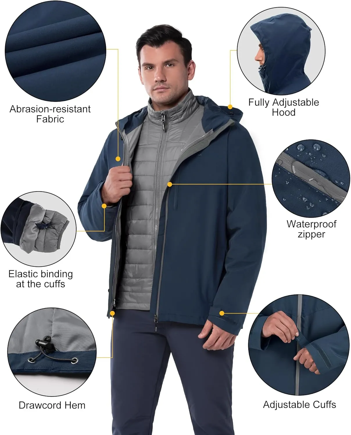 33,000ft Men's Waterproof 3-in-1 Ski Jacket, Warm Mountain Windbreaker Snow Rain Jackets Winter Coat with Puffer Jacket