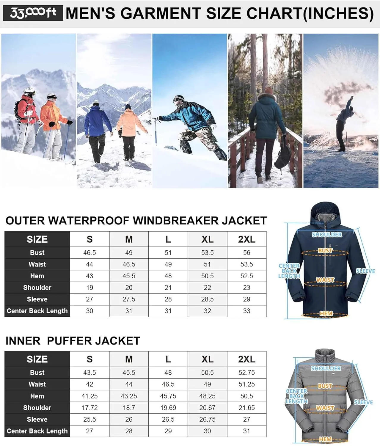 33,000ft Men's Waterproof 3-in-1 Ski Jacket, Warm Mountain Windbreaker Snow Rain Jackets Winter Coat with Puffer Jacket