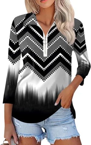 3/4 Length Sleeve Shirts for Women 2024 Trendy 1/2 Zipper Collar Lapel Tops Plain Color Tees Tunic Blouses Clothing