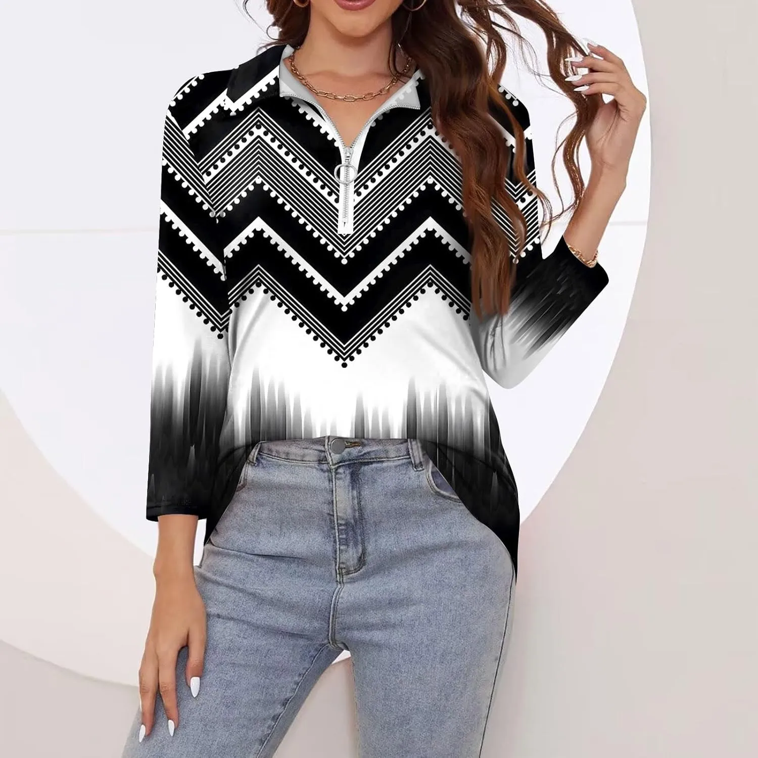 3/4 Length Sleeve Shirts for Women 2024 Trendy 1/2 Zipper Collar Lapel Tops Plain Color Tees Tunic Blouses Clothing