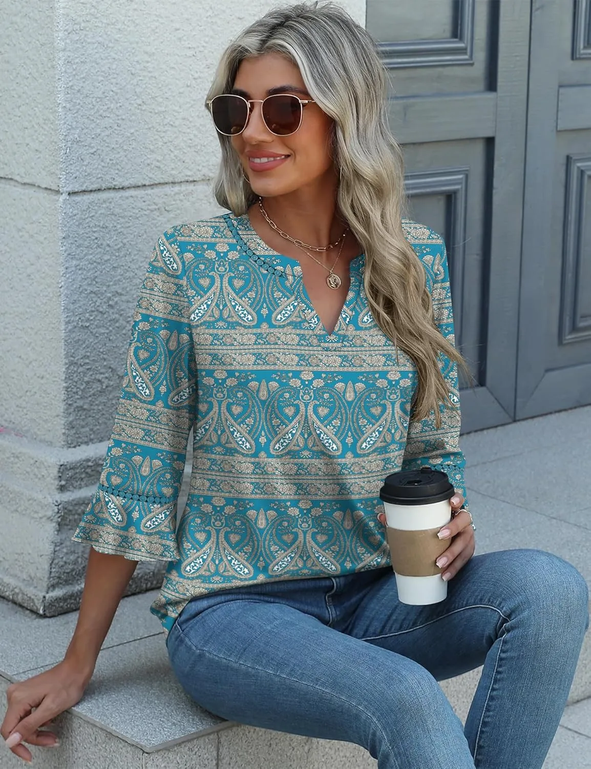 3/4 Length Sleeve Womens Tops Summer Ruffle Sleeve Blouses V-Neck Lace T-Shirts Dressy Casual