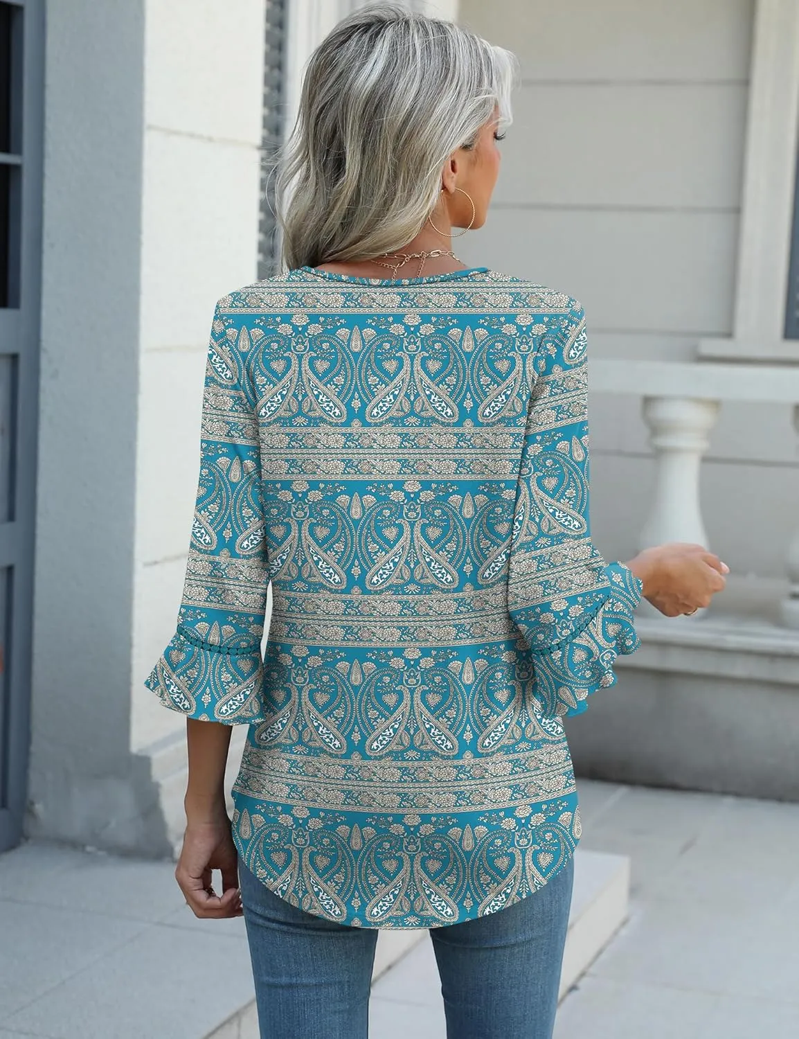 3/4 Length Sleeve Womens Tops Summer Ruffle Sleeve Blouses V-Neck Lace T-Shirts Dressy Casual