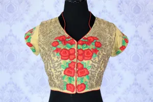 403005 Beige Floral Embroidered Designer Party Blouse