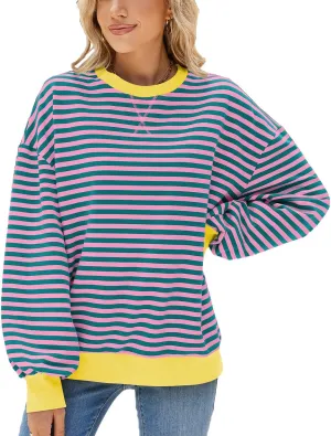 ABOCIW Womens Striped Oversized Sweatshirt Color Block Long Sleeve Crewneck Pullover Top Y2K Shirt