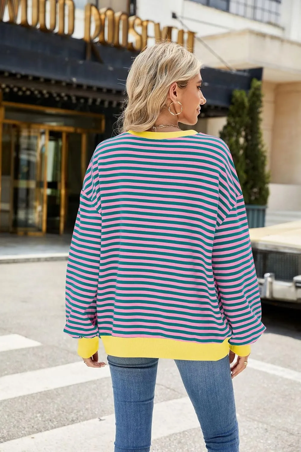 ABOCIW Womens Striped Oversized Sweatshirt Color Block Long Sleeve Crewneck Pullover Top Y2K Shirt