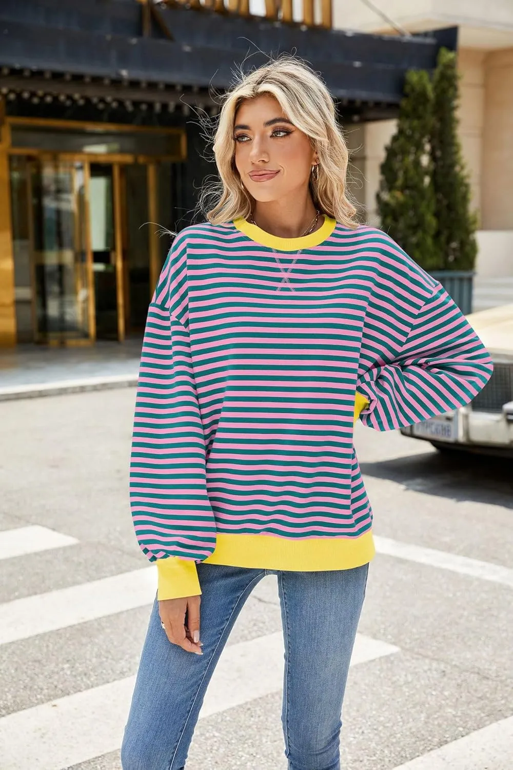 ABOCIW Womens Striped Oversized Sweatshirt Color Block Long Sleeve Crewneck Pullover Top Y2K Shirt