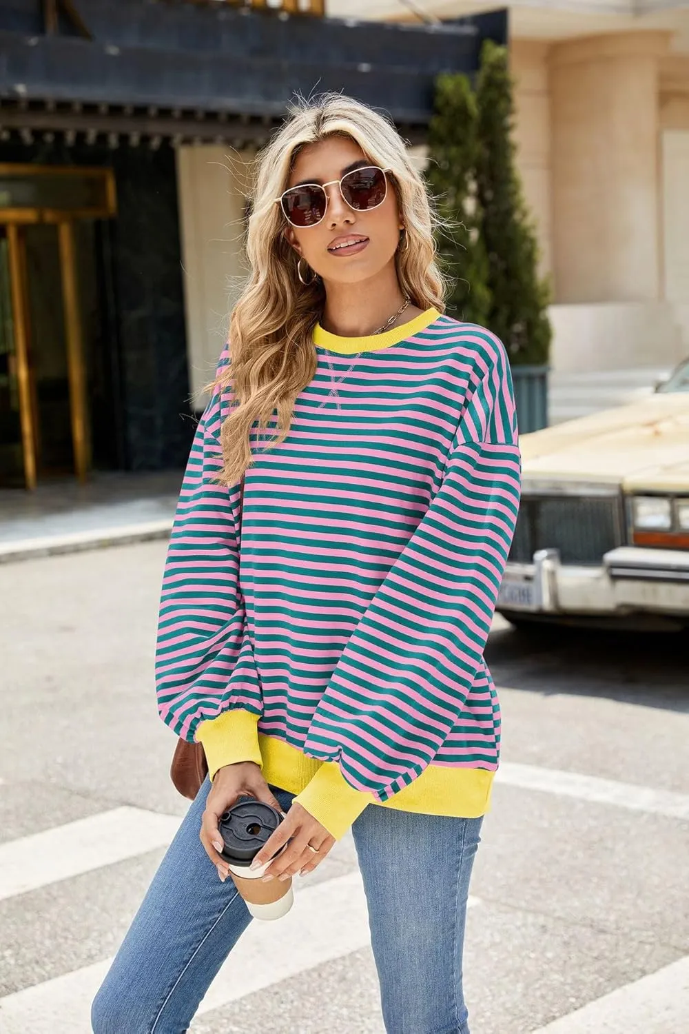 ABOCIW Womens Striped Oversized Sweatshirt Color Block Long Sleeve Crewneck Pullover Top Y2K Shirt