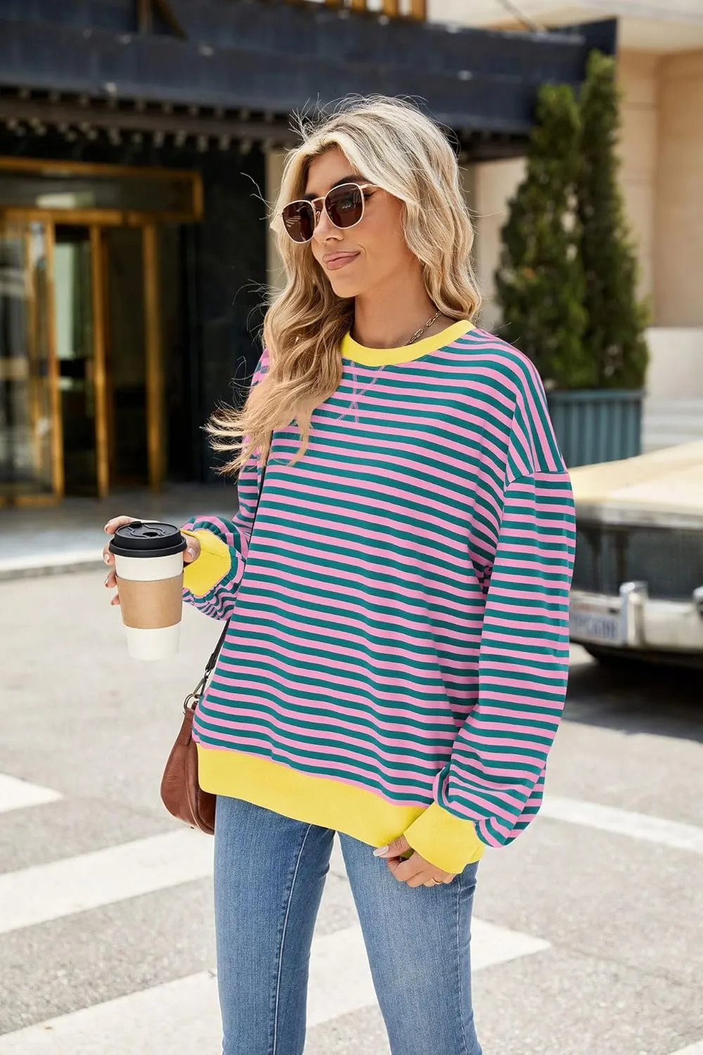 ABOCIW Womens Striped Oversized Sweatshirt Color Block Long Sleeve Crewneck Pullover Top Y2K Shirt