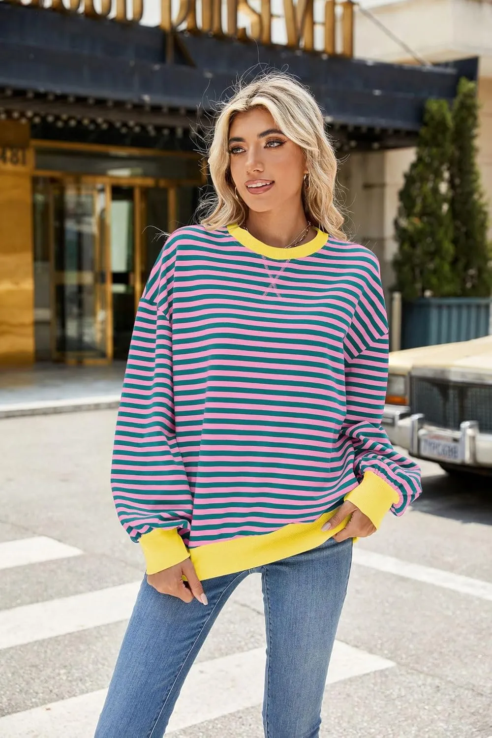 ABOCIW Womens Striped Oversized Sweatshirt Color Block Long Sleeve Crewneck Pullover Top Y2K Shirt