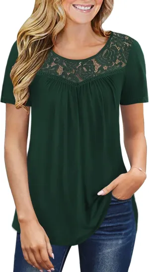 Ahlaray Women's Plus Size Summer Tops Short Sleeve Shirts Lace Pleated Tunic Tops Blouses M-4XL