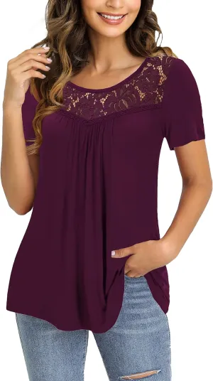 Ahlaray Women's Plus Size Summer Tops Short Sleeve Shirts Lace Pleated Tunic Tops Blouses M-4XL