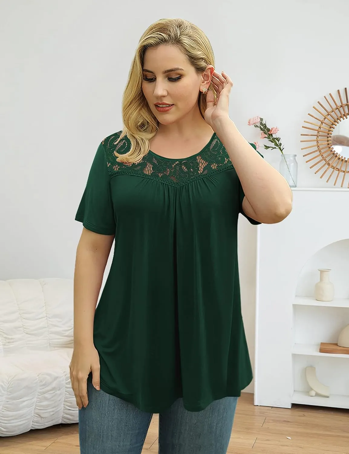 Ahlaray Women's Plus Size Summer Tops Short Sleeve Shirts Lace Pleated Tunic Tops Blouses M-4XL