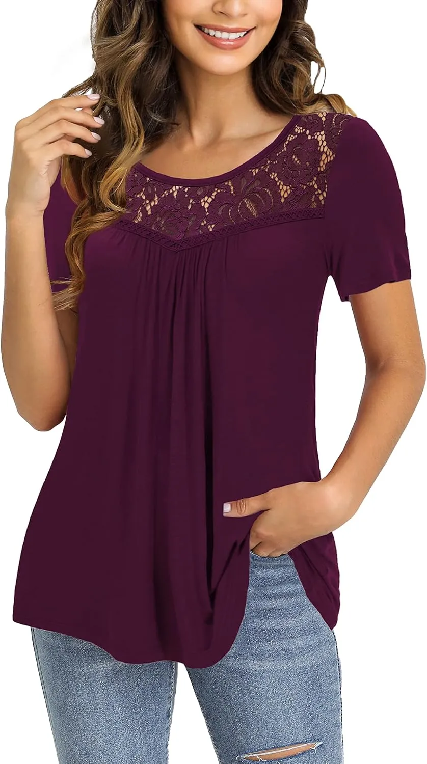 Ahlaray Women's Plus Size Summer Tops Short Sleeve Shirts Lace Pleated Tunic Tops Blouses M-4XL