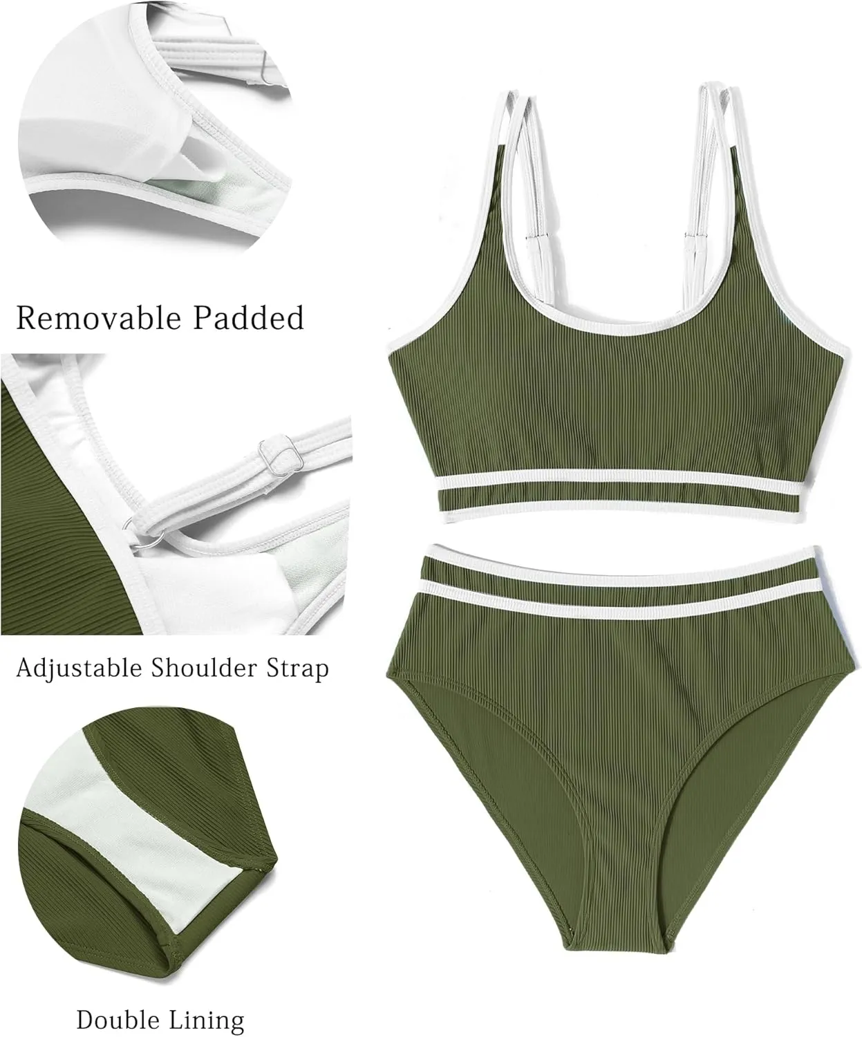 AI'MAGE Swimsuit Set for Women 2 Piece Ribbed High Waisted Bikini Set Sporty Color Block Bathing Suits XS-2XL