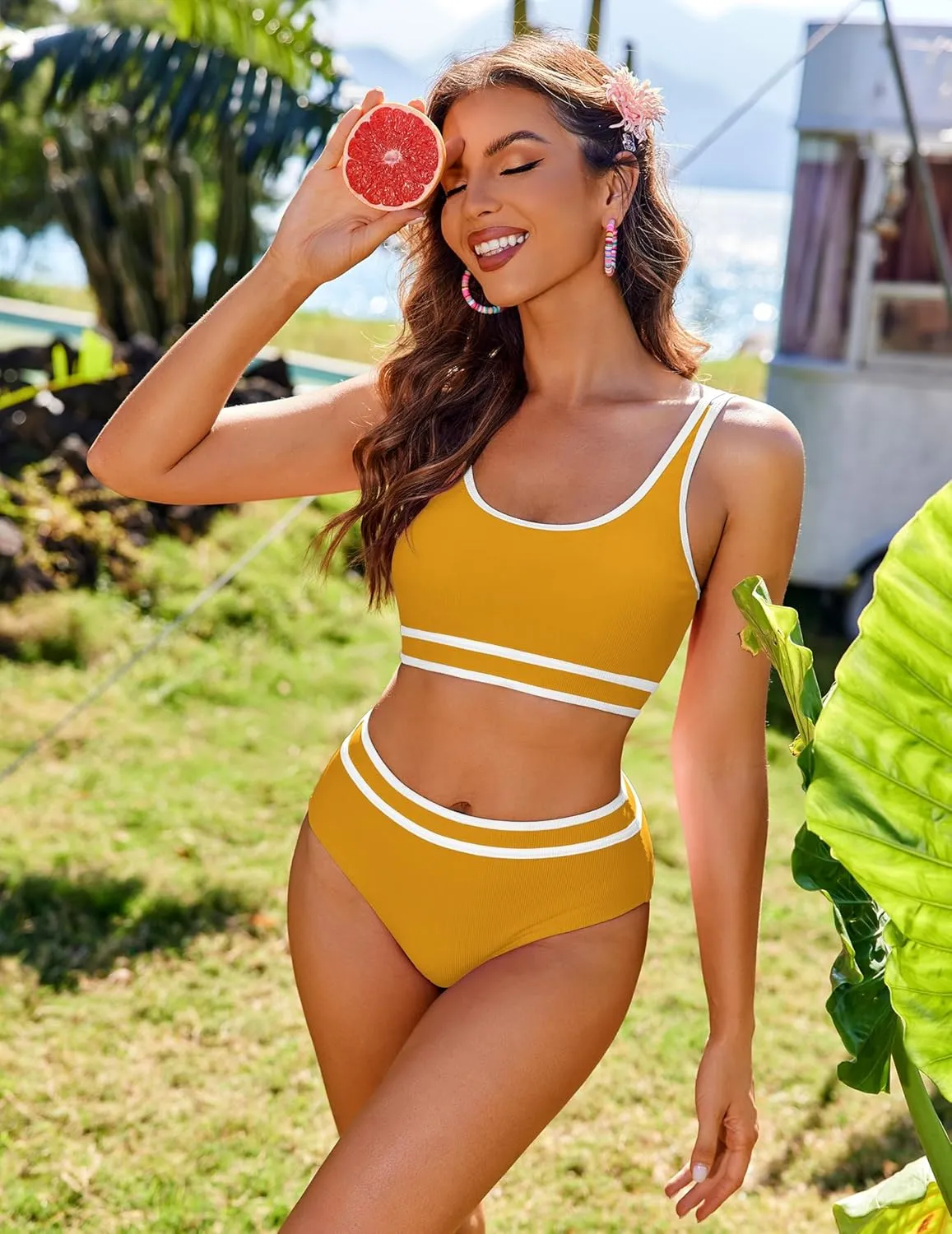 AI'MAGE Swimsuit Set for Women 2 Piece Ribbed High Waisted Bikini Set Sporty Color Block Bathing Suits XS-2XL