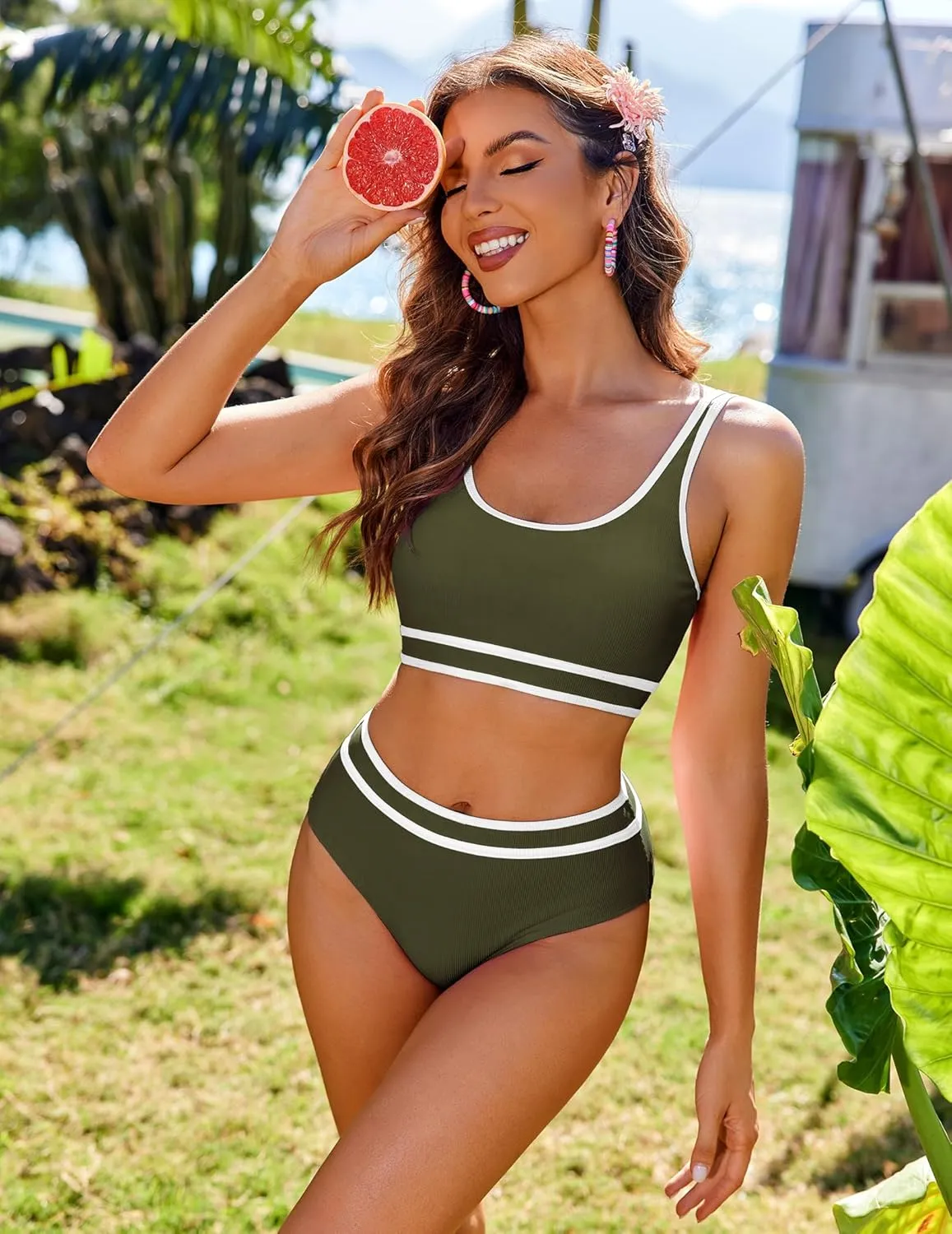 AI'MAGE Swimsuit Set for Women 2 Piece Ribbed High Waisted Bikini Set Sporty Color Block Bathing Suits XS-2XL