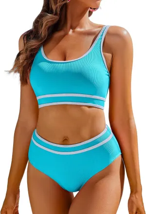 AI'MAGE Swimsuit Set for Women 2 Piece Ribbed High Waisted Bikini Set Sporty Color Block Bathing Suits XS-2XL