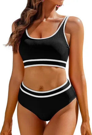 AI'MAGE Swimsuit Set for Women 2 Piece Ribbed High Waisted Bikini Set Sporty Color Block Bathing Suits XS-2XL
