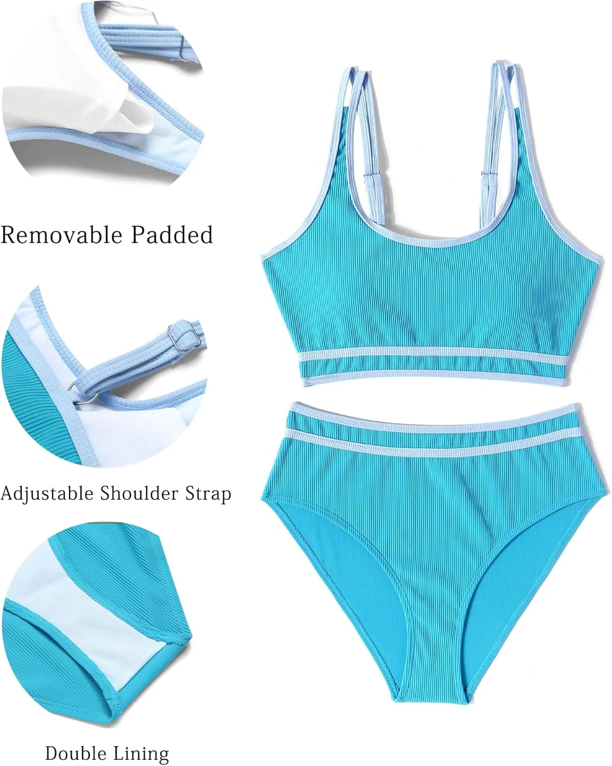 AI'MAGE Swimsuit Set for Women 2 Piece Ribbed High Waisted Bikini Set Sporty Color Block Bathing Suits XS-2XL