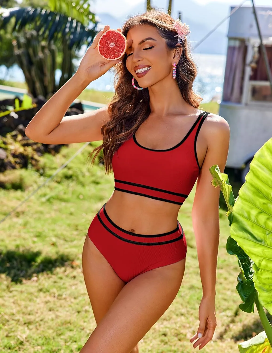 AI'MAGE Swimsuit Set for Women 2 Piece Ribbed High Waisted Bikini Set Sporty Color Block Bathing Suits XS-2XL