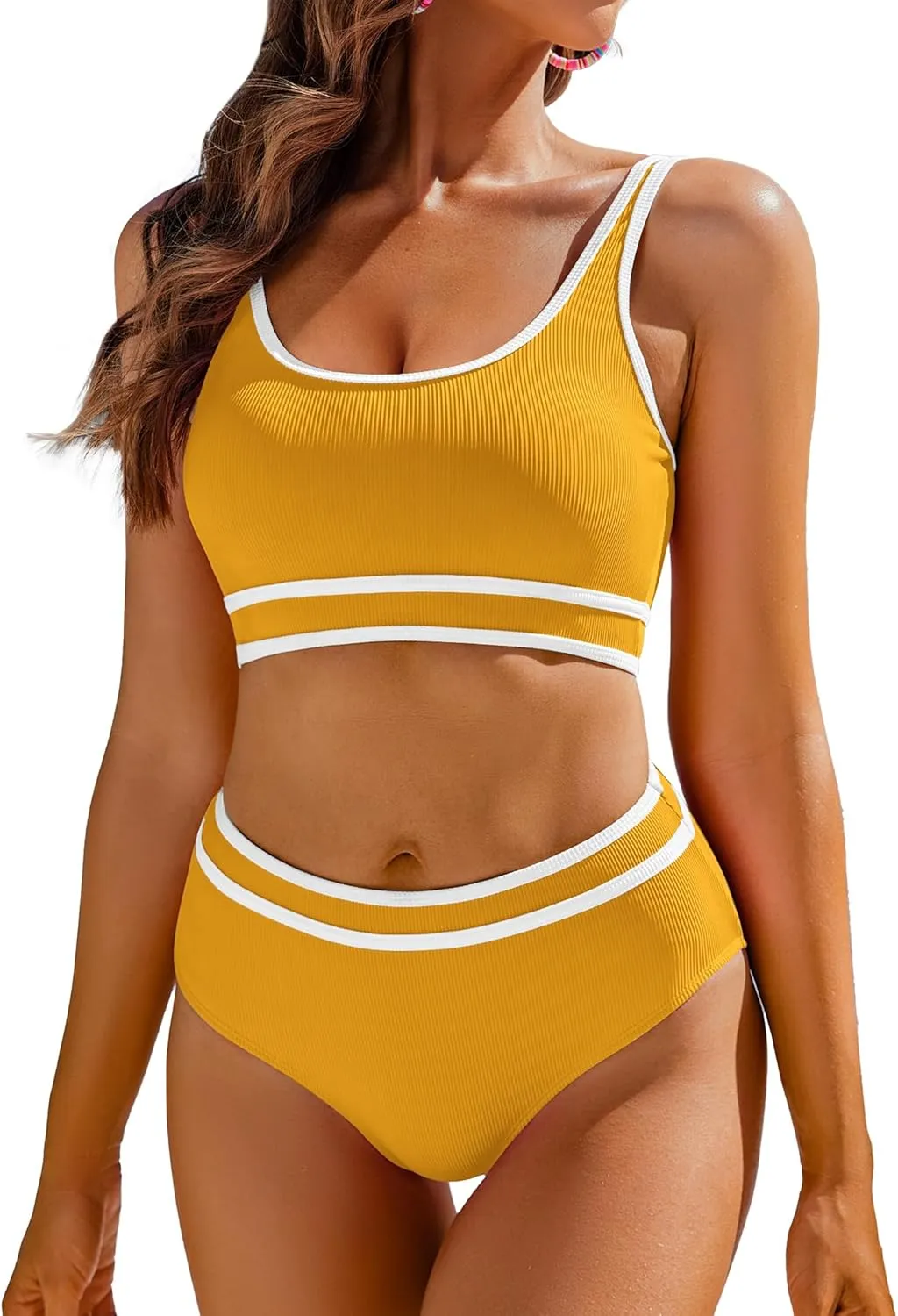 AI'MAGE Swimsuit Set for Women 2 Piece Ribbed High Waisted Bikini Set Sporty Color Block Bathing Suits XS-2XL