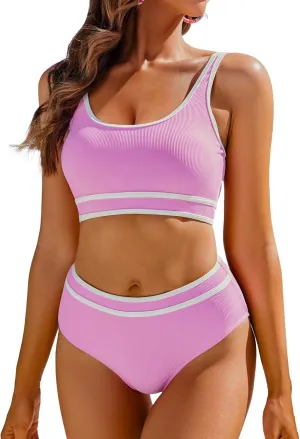 AI'MAGE Swimsuit Set for Women 2 Piece Ribbed High Waisted Bikini Set Sporty Color Block Bathing Suits XS-2XL