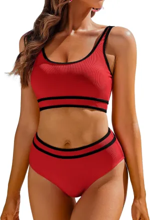 AI'MAGE Swimsuit Set for Women 2 Piece Ribbed High Waisted Bikini Set Sporty Color Block Bathing Suits XS-2XL