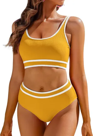 AI'MAGE Swimsuit Set for Women 2 Piece Ribbed High Waisted Bikini Set Sporty Color Block Bathing Suits XS-2XL