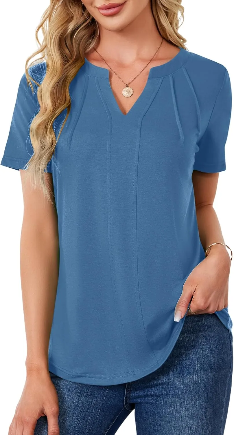 AKEWEI Short Sleeve Blouses for Women V Neck T Shirts Pleated Summer Dressy Casual Tops