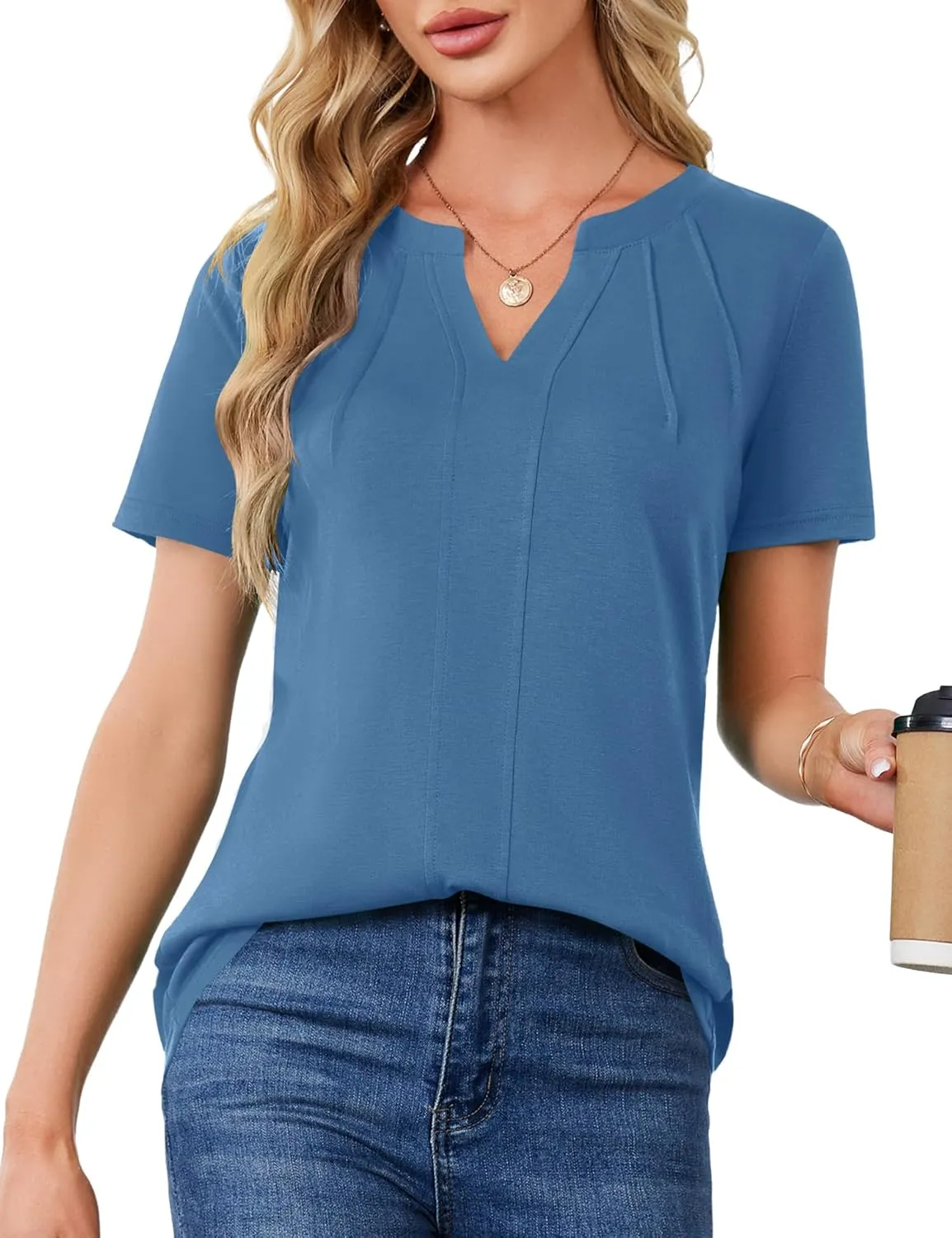 AKEWEI Short Sleeve Blouses for Women V Neck T Shirts Pleated Summer Dressy Casual Tops