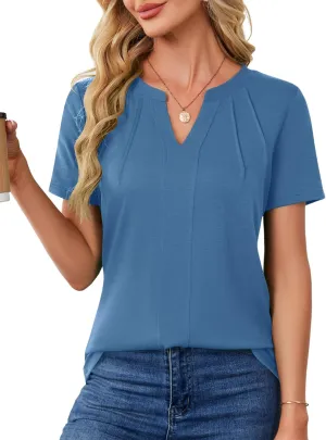 AKEWEI Short Sleeve Blouses for Women V Neck T Shirts Pleated Summer Dressy Casual Tops