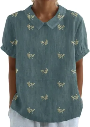Akivide Women's Summer Cute Cotton Linen Boho Graphic Lapel Shirts Plus Size Lightweight Short Sleeve Dressy Casual Blouses