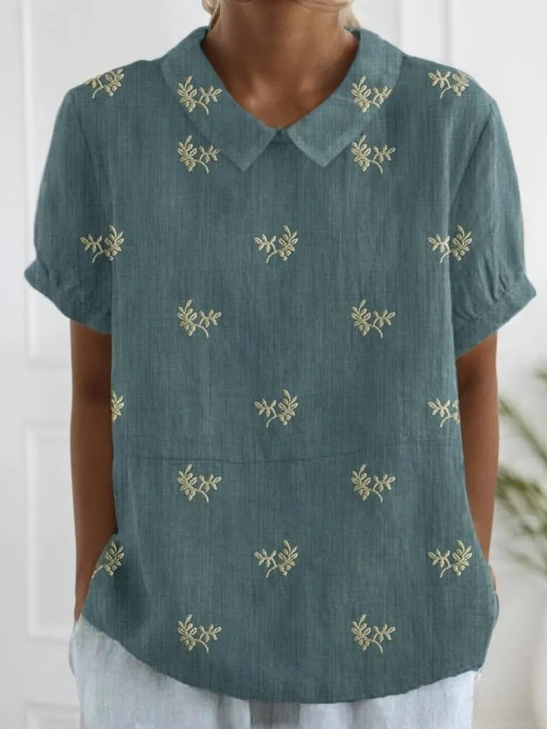 Akivide Women's Summer Cute Cotton Linen Boho Graphic Lapel Shirts Plus Size Lightweight Short Sleeve Dressy Casual Blouses